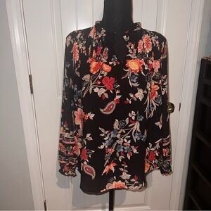 LOFT SIZE SMALL PETITE BLACK FLORAL WOMENS LONG-SLEEVE